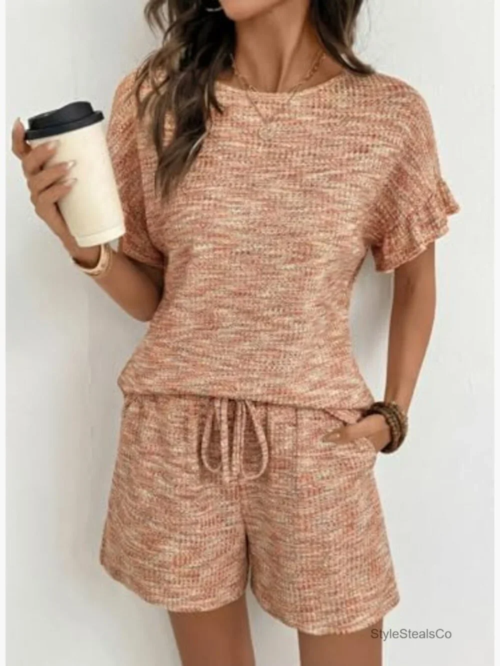 2 Piece Short Sleeve Shorts Set Lounge Matching Set with Pockets